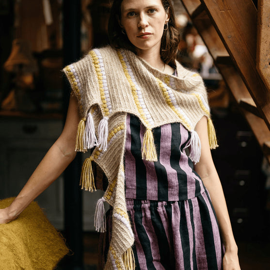 Calendula Shawl - Wrap with Bobbles and Fringe
1