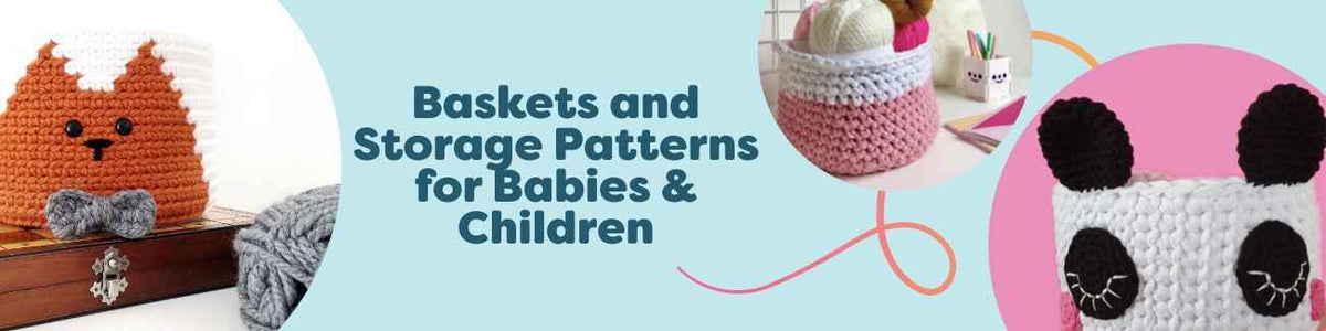 Cute crochet baskets and kids’ storage patterns in soft pastel yarns, including panda, unicorn, and animal designs for nurseries and playrooms.