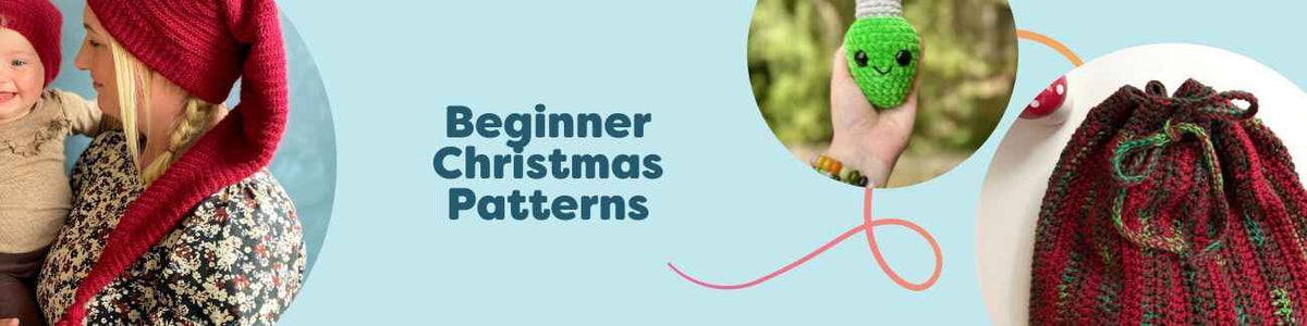 Beginner Christmas patterns from Hobbii: simple knit hats, crochet garlands, and festive gift bags in red, green, and white yarns.