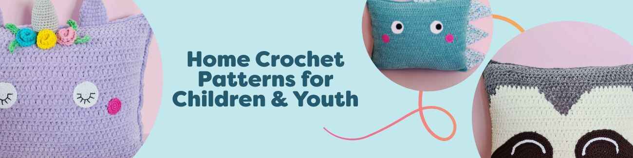 Kid-friendly home crochet projects: unicorn, dino, and sloth pillows with a kawaii panda basket arranged in a cozy children’s room.