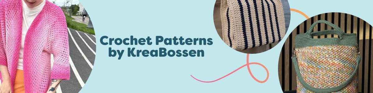 Selection of KreaBossen crochet patterns at Hobbii—bags, a cardigan, and a scarf styled in soft yarns on a neutral backdrop.