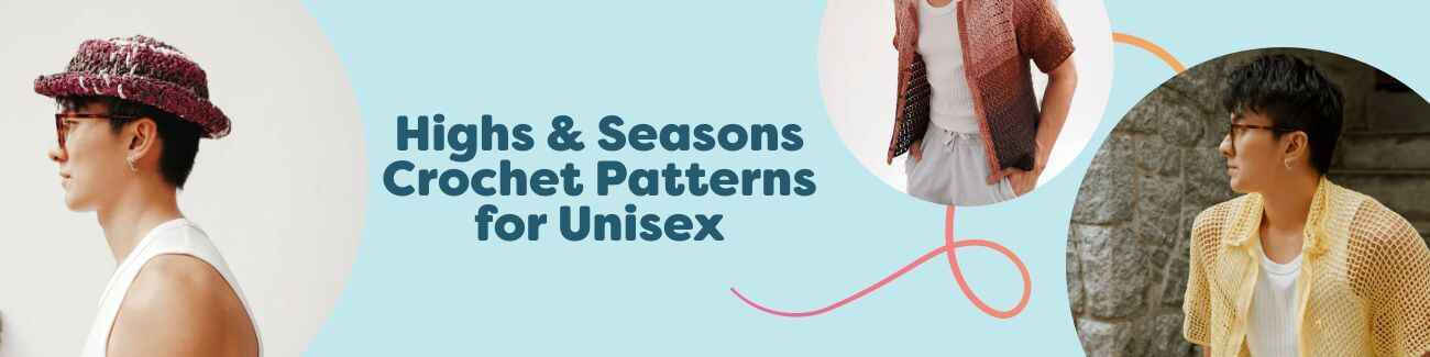 Collage of free unisex crochet patterns from Hobbii, including seasonal hats, shirts, and scarves shown on diverse models.