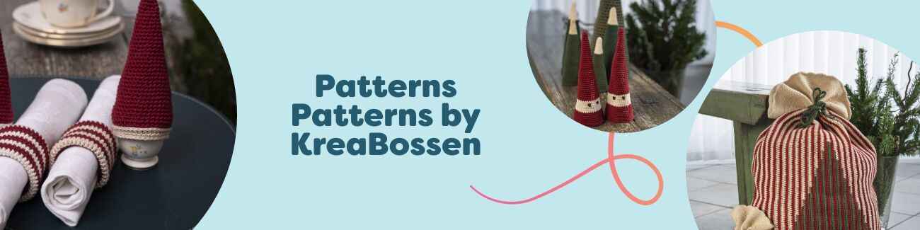 Crocheted Christmas ornaments and a stylish bandana from KreaBossen’s free pattern collection, styled with Hobbii yarn.