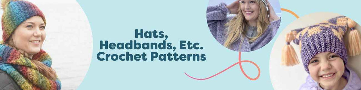 Assorted handmade crochet hats, beanies, headbands, and bonnets in various colors and textures, styled with Hobbii yarn for beginners and intermediates.