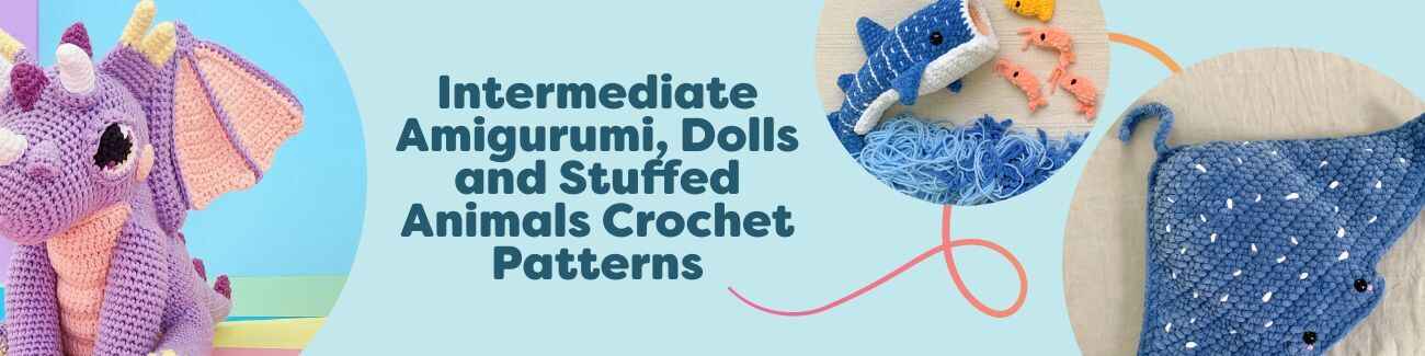 A mix of intermediate amigurumi crochet dolls and stuffed animals—dragon, whale shark, and ray—made with Hobbii yarn.