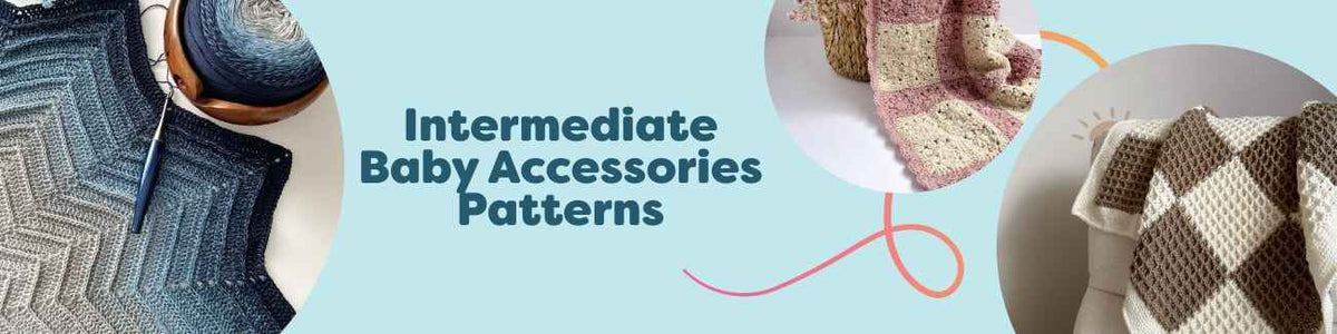 Collage of intermediate baby accessories patterns from Hobbii—crochet and knit blankets, hats, and booties in pastel yarns.