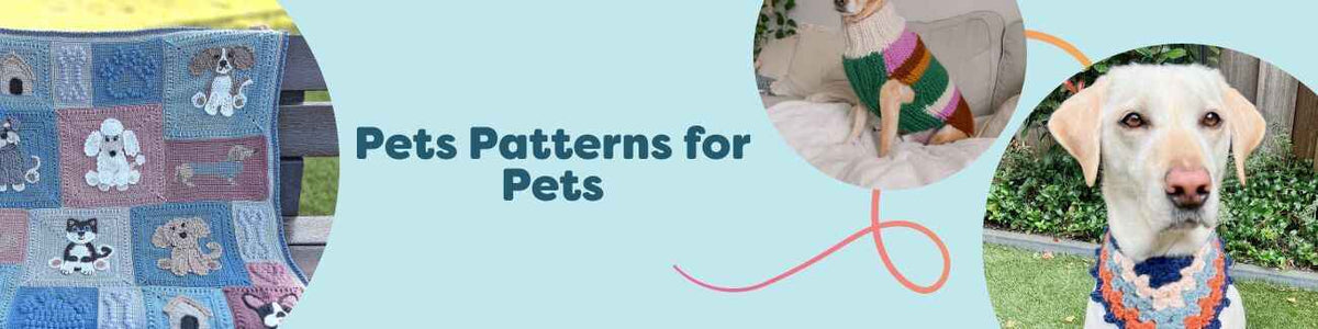 Selection of knitted and crocheted pet projects for dogs and cats - sweaters, blankets, bandanas, and beds in soft yarns by Hobbii.