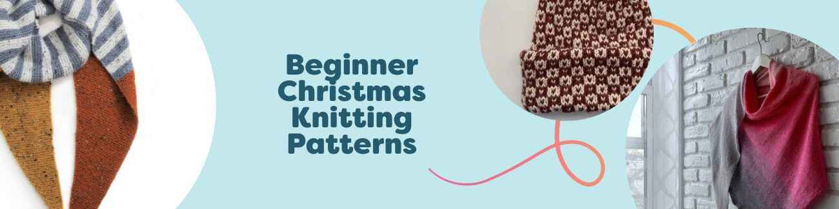 Festive grid of free beginner Christmas knitting patterns from Hobbii—easy scarves, beanies, shawls, bags, stockings and ornaments in holiday colors.