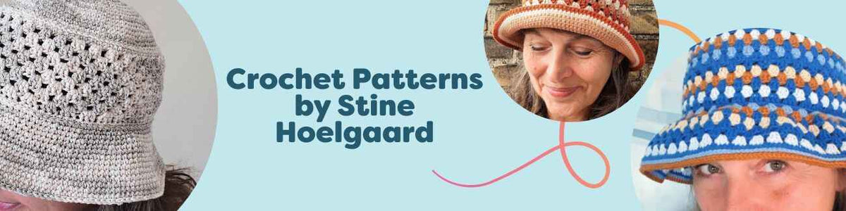 Collage of Stine Hoelgaard crochet patterns from Hobbii featuring summer hats like Ivy, Granny's and Krølle Bølle, plus the Tanja T-shirt; intermediate level.