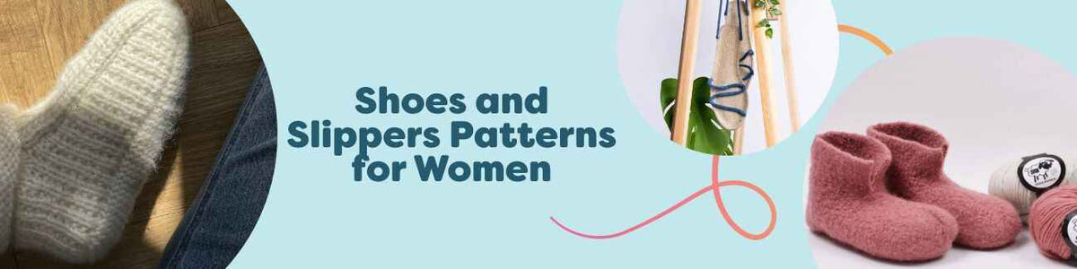 Array of women’s knit and crochet shoe and slipper patterns by Hobbii, featuring espadrilles, ballerina flats, and cozy felted slippers in soft yarns.