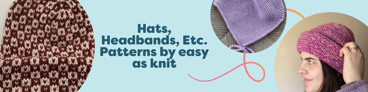 Flat lay of knitted beanies, a ribbed headband, and a baby bonnet from the Easy as Knit collection, made with colorful Hobbii yarns.