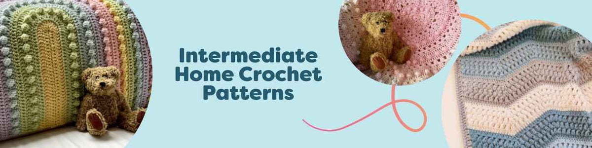 Styled photo of Hobbii Intermediate Home Crochet Patterns—textured blankets, pillows, and throws in modern hues with yarn skeins and a crochet hook.