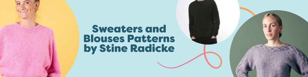 Assortment of Stine Radicke sweater and blouse patterns with Hobbii yarn, needles, and hooks in varied colors and styles for knitters and crocheters.