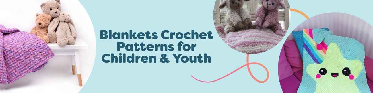 Colorful children’s and youth crochet blankets from Hobbii featuring kawaii rainbows, shooting stars, and gingerbread motifs; free patterns.