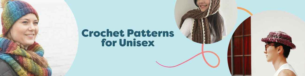 Selection of free unisex crochet patterns from Hobbii featuring beanies, raffia hats, scarves, and lightweight shirts styled for all genders.