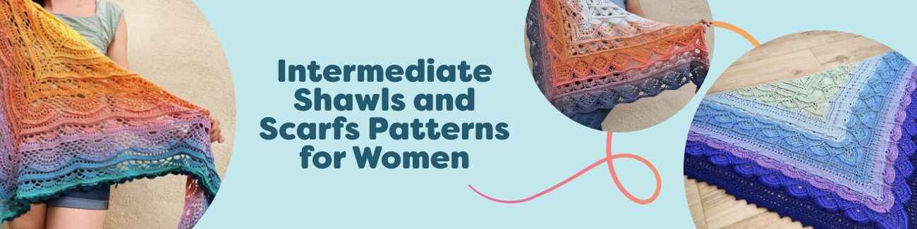 Assorted women's intermediate crochet shawl and scarf patterns from Hobbii displayed with yarn skeins in neutral and jewel tones.