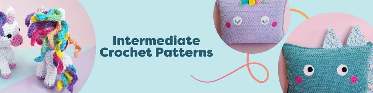 Collage of free intermediate crochet patterns from Hobbii: amigurumi unicorn and strawberry with cozy sloth, dino, and unicorn pillows.