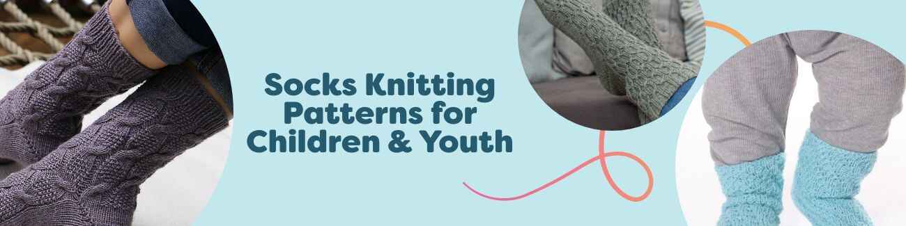 Assorted hand-knit children’s and youth socks in bright colors, showcasing free knitting patterns from Hobbii.