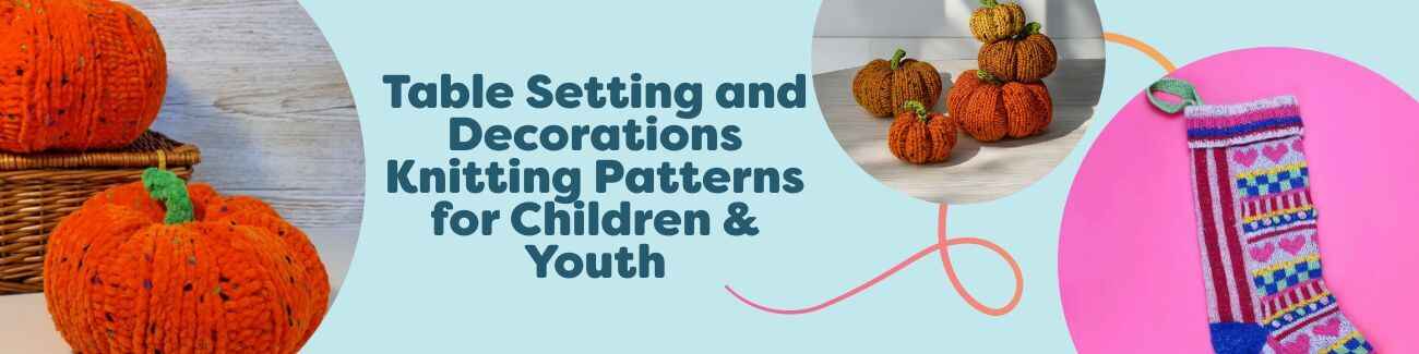 Free kids’ table setting and holiday decoration knitting patterns—Candy Pumpkins, Tweedy Pumpkins, and a Sweet Treat Christmas Stocking—made with bright Hobbii yarns.
