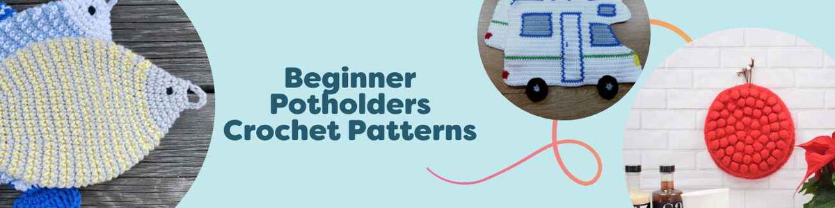 Assorted beginner crochet potholder patterns from Hobbii displayed: singlerib, vintage ribbing, bubble Christmas squares, fish motif, and caravan design in cotton yarn.