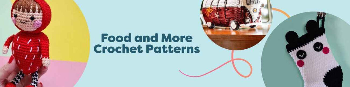 Free crochet patterns collage featuring amigurumi strawberry, orange and pumpkin play food, a panda Christmas stocking, and other fun makes from Hobbii.