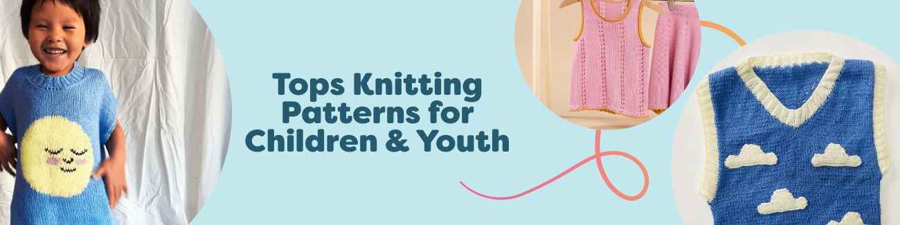 Children wearing hand-knit tops—a Sunshine T-shirt, Lou Mini top, and Cloud tank—made in soft cotton yarns. Free kids’ knitting patterns by Hobbii.