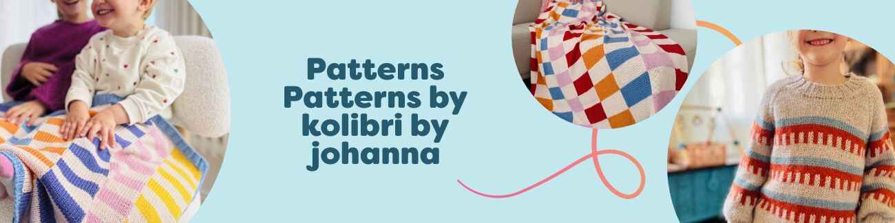 Assorted free knitting and crochet patterns by kolibri by johanna from Hobbii, featuring Hilma blankets and Klara sweaters with yarn, hooks, and needles.