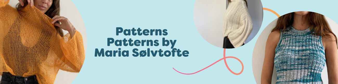 Maria Sølvtofte knit and crochet patterns at Hobbii featuring a jumper, sweaters, a top, and a bag in soft yarn textures.