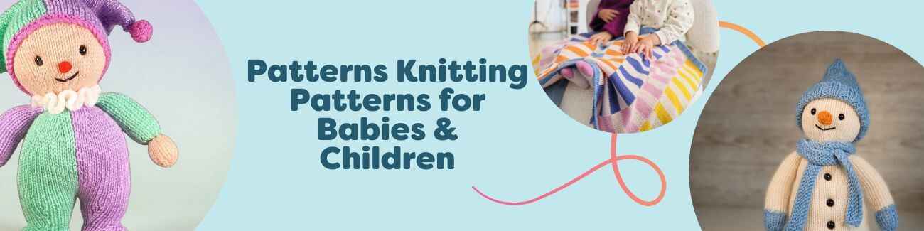 Collage of free baby and children's knitting patterns from Hobbii, including a baby blanket, cuddly toy, and kids' vest in soft pastel yarns.