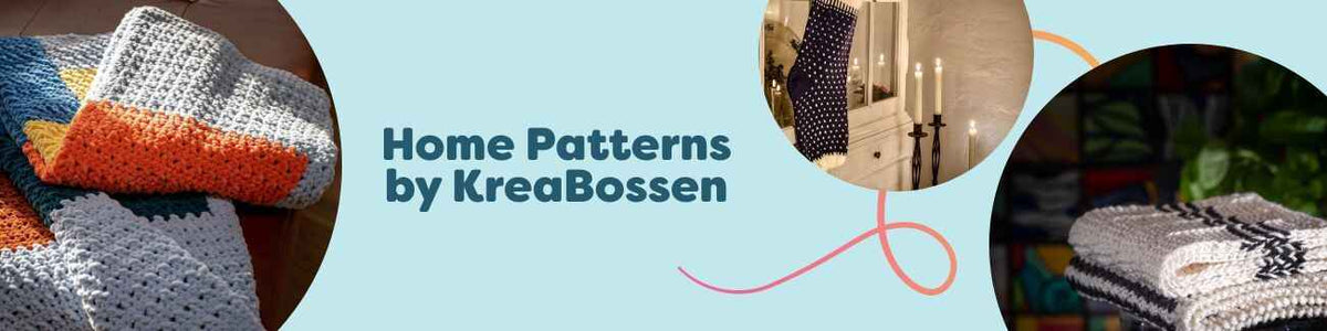 Styled collage of KreaBossen home patterns from Hobbii: a cozy planet-themed blanket, Christmas sock, textured cloths, and cone-shaped julepynt ornaments on a neutral backdrop.