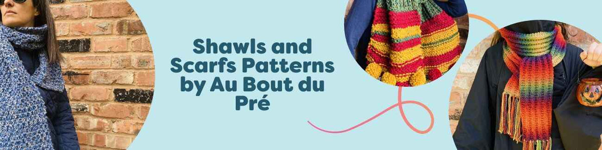 Au Bout du Pré shawl and scarf pattern collection at Hobbii, featuring Midnight, Dartmoor, and Witch designs for knitters and crocheters.