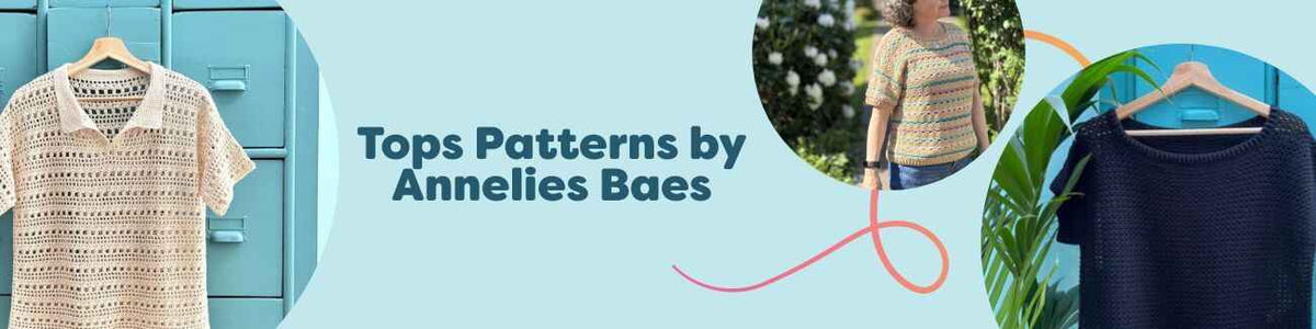 Collage of Annelies Baes crochet tops patterns—Bluesette, Harmony, Flow, Evergreen, and Friends tees—designed for modern crocheters.