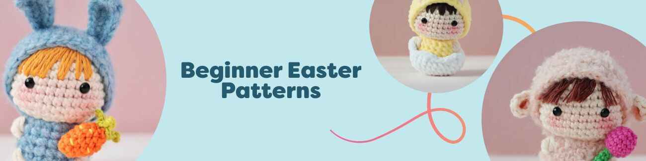 Collage of free beginner Easter crochet patterns from Hobbii: mini bunny, chick, lamb amigurumi, granny eggs decor, and crocus in pastel yarns.