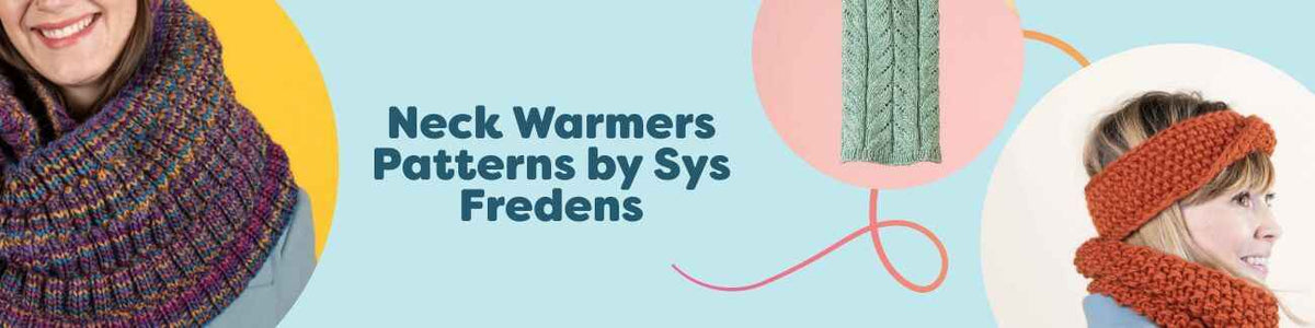 Selection of knit and crochet neck warmer patterns by Sys Fredens from Hobbii, including cowls, tube scarves, and headbands.