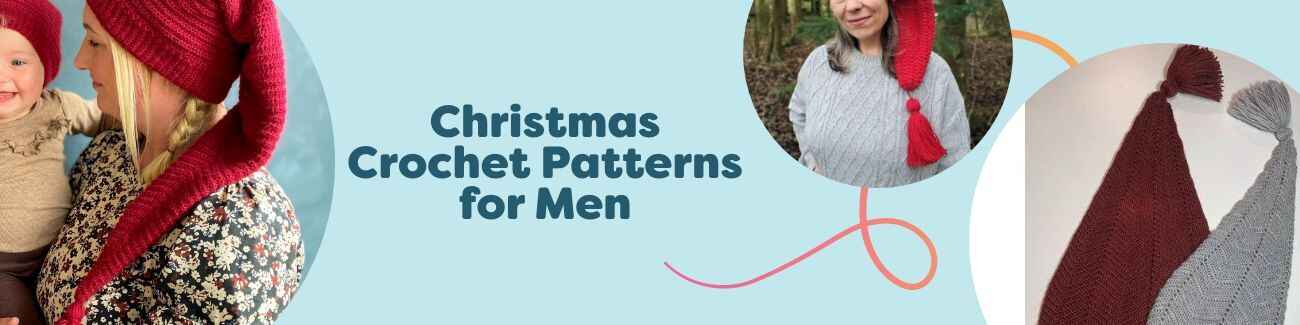 Men’s Christmas crochet hats—Santa, pixie, and Nordic nisse—made with Hobbii yarns, photographed on a rustic table with pine accents.
