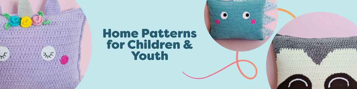 Free kids and youth home patterns from Hobbii: cute crochet and knit pillows, baskets, and blankets for playful rooms.