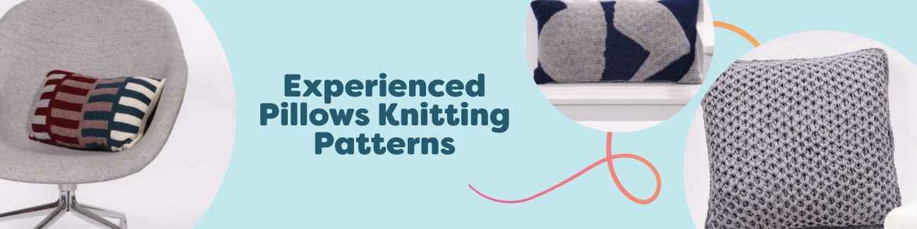 Collection of experienced pillow knitting patterns from Hobbii featuring textured cushions like Åland, Faroe, Scotland, and Sunrise in modern yarns.