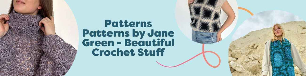 Collage of free crochet patterns by Jane Green from Hobbii: sweater, slipover, scarf, top, and dress in rich yarn colors for intermediate makers.