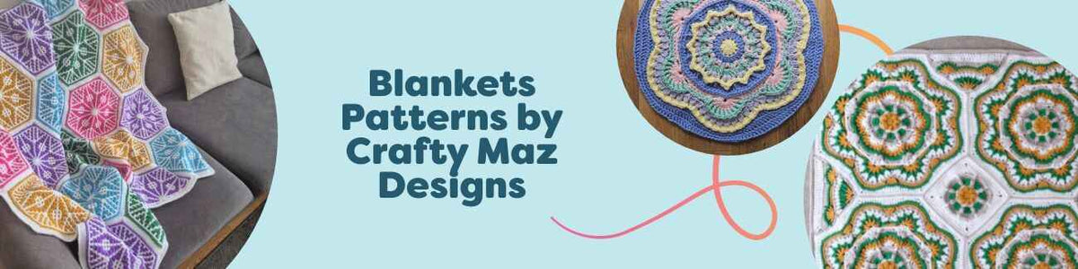 Stack of handmade crochet blankets in soft neutrals and brights with textured stitches by Crafty Maz Designs, made with Hobbii yarn.