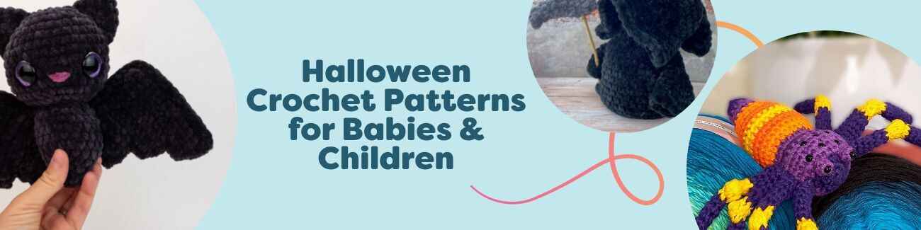 Collection image showing Halloween crochet patterns for babies and children: cute bat and spider amigurumi, cat-themed pieces, and cozy accessories made with Hobbii yarn.