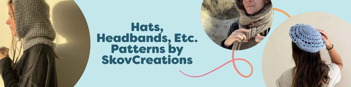 Assorted SkovCreations knit and crochet headwear patterns from Hobbii—balaclavas, hoods, berets and headbands styled in cozy, forest hues.