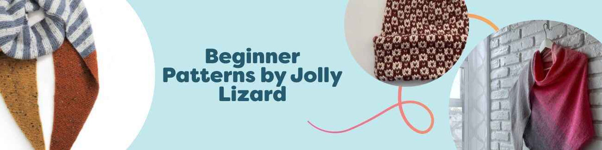 Beginner-friendly knit and crochet projects by Jolly Lizard—scarf, beanie, shawl and tote—styled with Hobbii yarns.