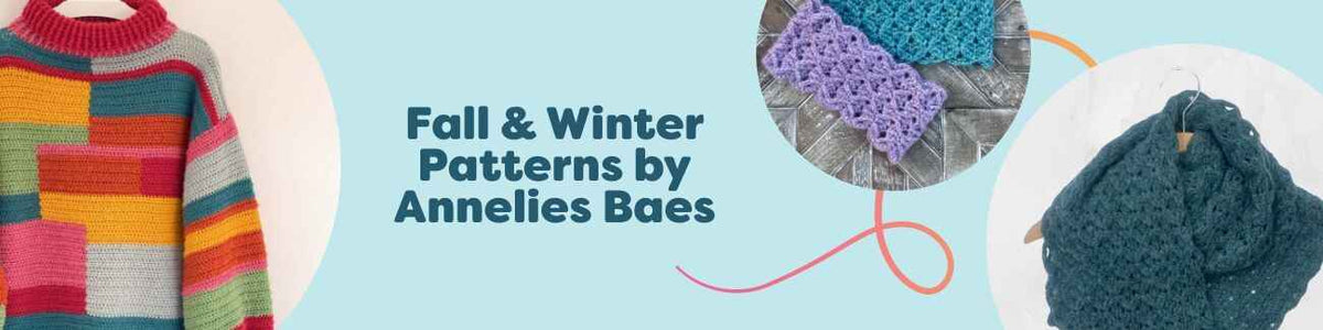 Collage of Annelies Baes fall and winter crochet patterns: color-block sweater, slipover, cowls, and headband in cozy Hobbii yarns.