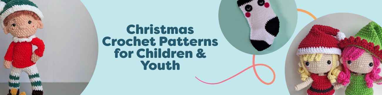 Collage of free Christmas crochet patterns for kids and teens—panda stocking, reindeer kids sweater, Christmas kitty toy, Elf on the Shelf doll, and more.