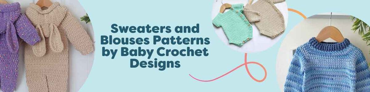 Children’s crochet pattern collection by Baby Crochet Designs: Highland Cow jumper, Moss jumper, Herringbone romper, and Honey Bunny snowsuit.