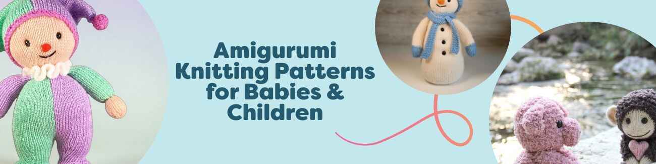 Free amigurumi knitting patterns for babies and kids shown as knitted toys—clown, elves, owl, and snowman—styled with colorful Hobbii yarn.