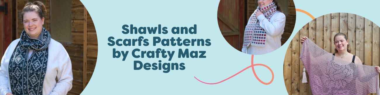 Collage of shawls and scarves in soft yarns, showcasing free patterns by Crafty Maz Designs from Hobbii for knitters and crocheters.