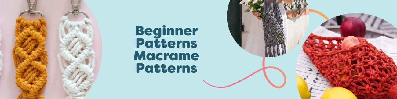 Beginner macrame pattern selection from Hobbii featuring a key hanger, market tote bag, and fruit net.