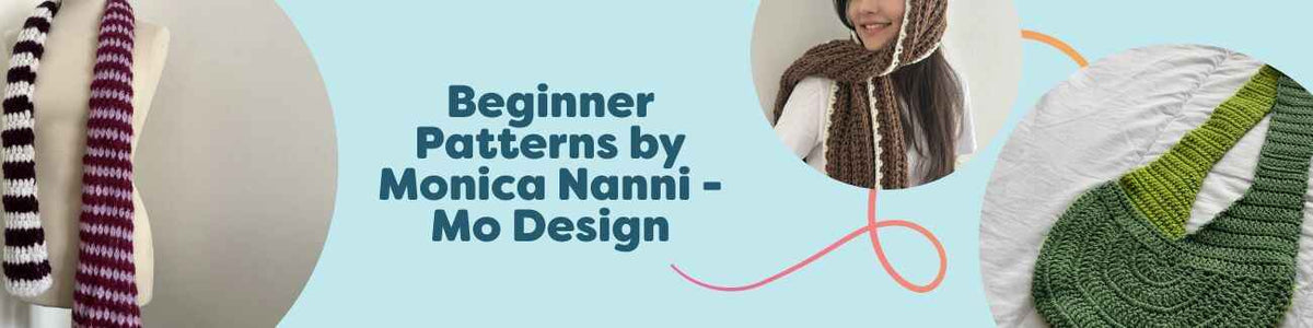 Beginner crochet patterns by Monica Nanni (Mo Design) at Hobbii, featuring a scarf, tote bag, socks, and a cookie plush alongside coordinating yarn.