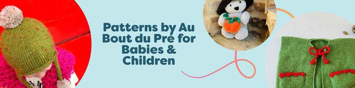 Au Bout du Pré patterns for babies and children at Hobbii: triple-pompom kids hat, pumpkin bear toy, elf vest, mermaid doll, ladybug string bag.